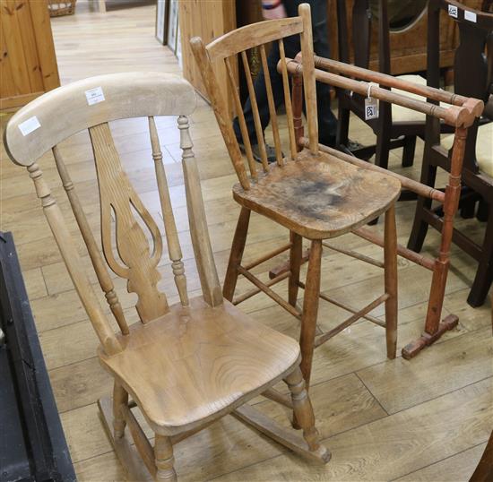 A rocking chair, a high seat beech chair and a towel airer